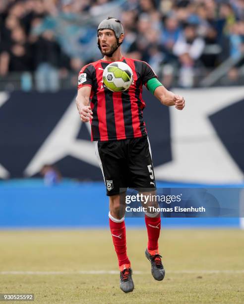 Klaus Gjasula of Halle plays the ball during the 3. Liga match between Chemnitzer FC and Hallescher FC at community4you ARENA on March 11, 2018 in...