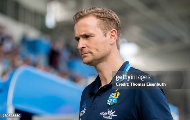 Coach David Bergner of Chemnitz reacts prior the 3. Liga match between Chemnitzer FC and Hallescher FC at community4you ARENA on March 11, 2018 in...