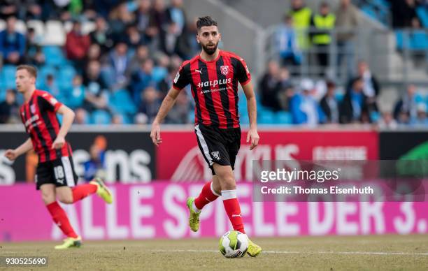Hilal El-Helwe of Halle plays the ball during the 3. Liga match between Chemnitzer FC and Hallescher FC at community4you ARENA on March 11, 2018 in...
