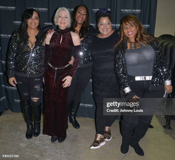 Ann Curless, Gioia Bruno and Jeanette Jurado of Expose Vallerie Day of Nu Shooz and Debbie Deb backstage during the Freestyle concert at Watsco...