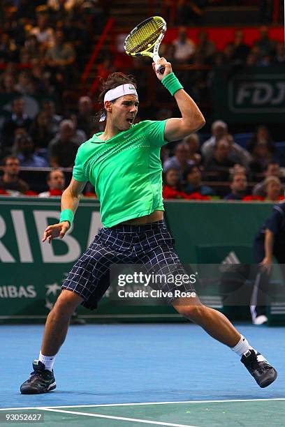 Rafael Nadal of Spain in action during his semi-final match against Novak Djokovic of Serbia during the ATP Masters Series at the Palais Omnisports...