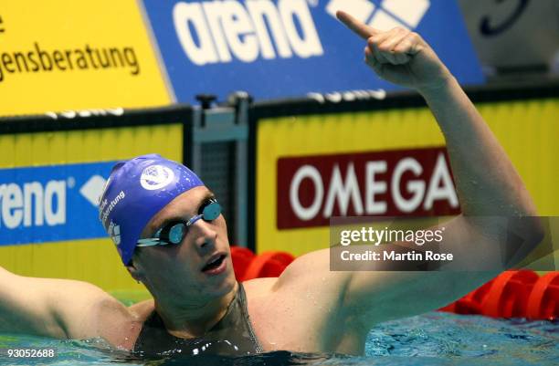 Paul Biedermann of Germany celebrates after winning the men's 400m freestyle during day one of the FINA/ARENA Swimming World Cup on November 14, 2009...