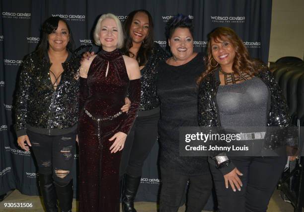 Ann Curless, Gioia Bruno and Jeanette Jurado of Expose Vallerie Day of Nu Shooz and Debbie Deb backstage during the Freestyle concert at Watsco...