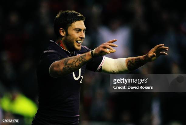 Matt Banahan of England celebrates scoring the first try of the match during the Investec Challenge match between England and Argentina at Twickenham...