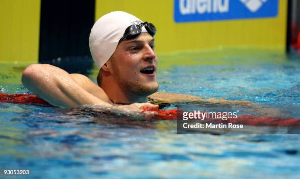 Steffen Deibler of Germany looks happy after winning the men's 50m butterfly final during day one of the FINA/ARENA Swimming World Cup on November...