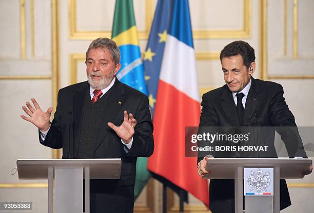 French President Nicolas Sarkozy and his Brazilian counterpart Luiz Inacio Lula da Silva give a press conference prior to a meeting on November 14,...