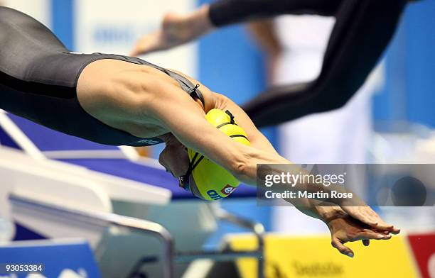 Therese Alshammar of Sweden is seen in action during the women's 50m freestyle final during day one of the FINA/ARENA Swimming World Cup on November...