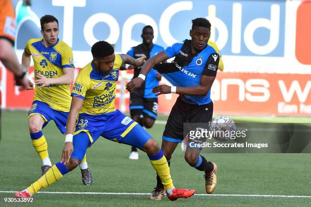 Chuba Akpom of Sint Truiden, Anthony Limbombe of Club Brugge during the Belgium Pro League match between Sint Truiden v Club Brugge at the Stayen on...