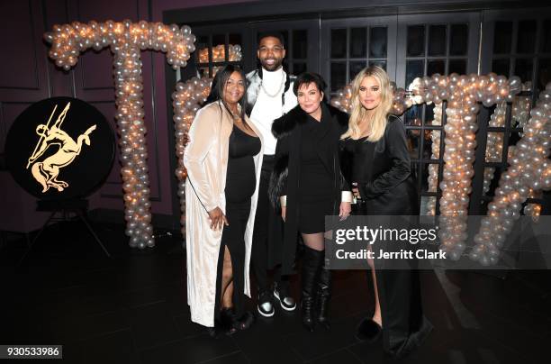 Andrea Thompson, Tristan Thompson, Kris Jenner and Khloe Kardashian pose for a photo as Remy Martin celebrates Tristan Thompson's Birthday at Beauty...