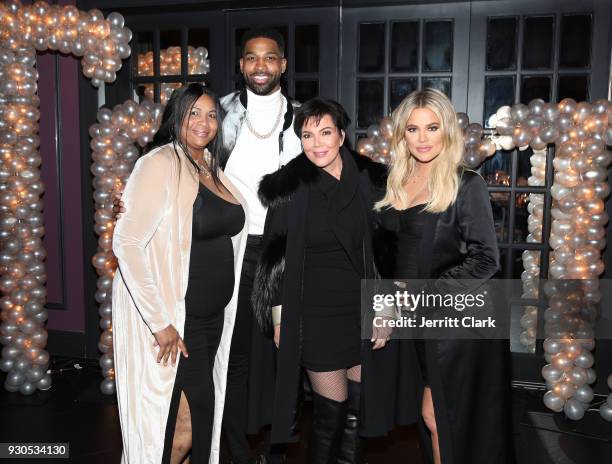 Andrea Thompson, Tristan Thompson, Kris Jenner and Khloe Kardashian pose for a photo as Remy Martin celebrates Tristan Thompson's Birthday at Beauty...