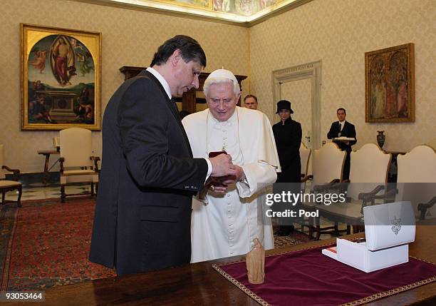 Pope Benedict XVI meets with Czech Prime Minister Jan Fischer at his private library on November 14, 2009 in Vatican City, Vatican. The Pope today...