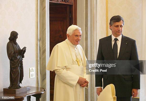 Pope Benedict XVI meets with Czech Prime Minister Jan Fischer at his private library on November 14, 2009 in Vatican City, Vatican. The Pope today...