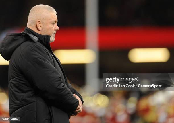 Wales head coach Warren Gatland during the pre match warm up during the NatWest Six Nations Championship match between Wales and Italy at...