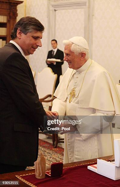 Pope Benedict XVI meets with Czech Prime Minister Jan Fischer at his private library on November 14, 2009 in Vatican City, Vatican. The Pope today...