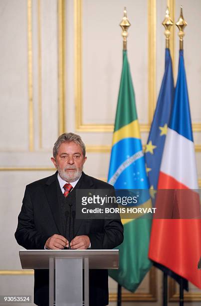 Brazilian President Luiz Inacio Lula da Silva gives a press conference prior to attend a meeting with his French counterpart Nicolas Sarkozy on...
