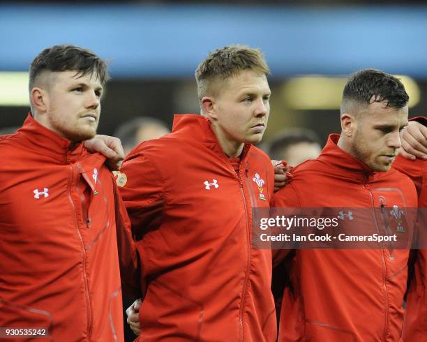 Wales James Davies during the anthem makes his Wales debut during the NatWest Six Nations Championship match between Wales and Italy at Principality...