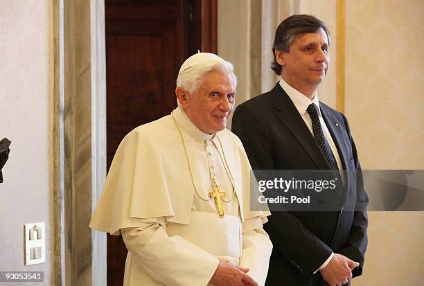 Pope Benedict XVI meets with Czech Prime Minister Jan Fischer at his private library on November 14, 2009 in Vatican City, Vatican. The Pope today...