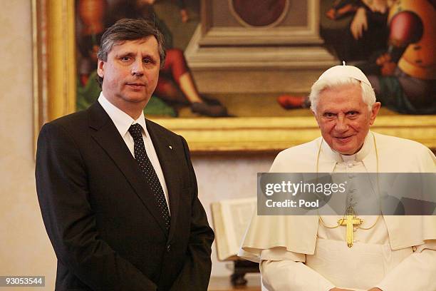 Pope Benedict XVI meets with Czech Prime Minister Jan Fischer at his private library on November 14, 2009 in Vatican City, Vatican. The Pope today...