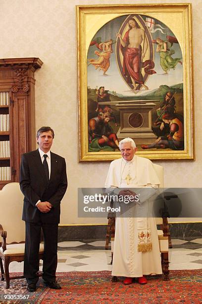 Pope Benedict XVI meets with Czech Prime Minister Jan Fischer at his private library on November 14, 2009 in Vatican City, Vatican. The Pope today...