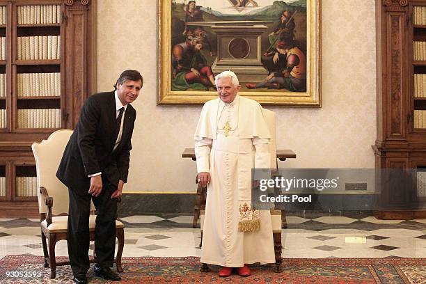 Pope Benedict XVI meets with Czech Prime Minister Jan Fischer at his private library on November 14, 2009 in Vatican City, Vatican. The Pope today...