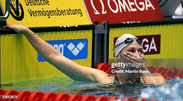 Alessia Filippi of Italy reacts after winning the women's 800m freestyle final during day one of the FINA/ARENA Swimming World Cup on November 14,...