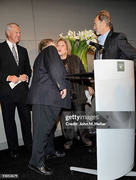 Hall of Fame Player Jerry West, Sports Photographer Neil Leifer, Wallis Annenberg and Walter Iooss Jr. Attend the opening of SPORT: Iooss & Leifer at...