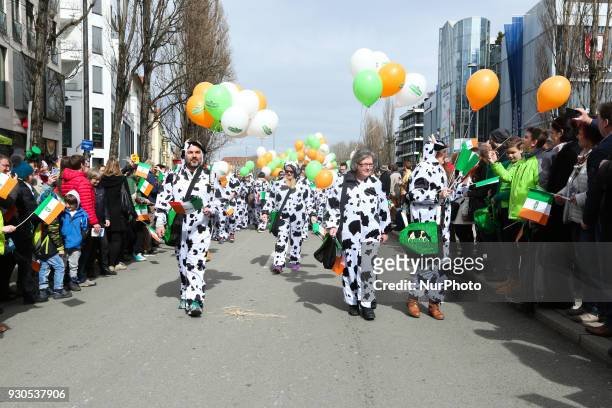Group of cows. Around 15.000 celebrated St. Patrick's day in Munich, Germany, on 11 March 2018. There were many different groups in the parade.
