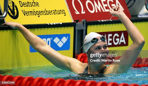 Alessia Filippi of Italy reacts after winning the women's 800m freestyle final during day one of the FINA/ARENA Swimming World Cup on November 14,...
