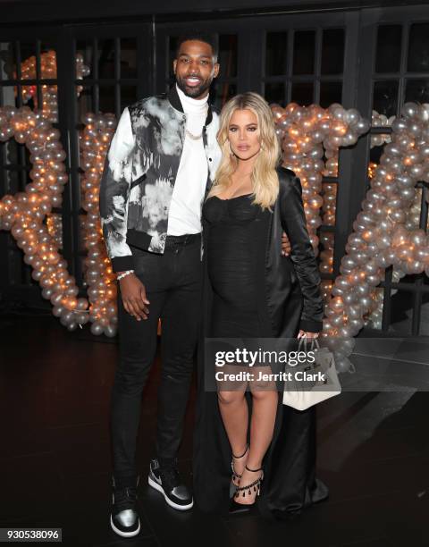 Tristan Thompson and Khloe Kardashian pose for a photo as Remy Martin celebrates Tristan Thompson's Birthday at Beauty & Essex on March 10, 2018 in...