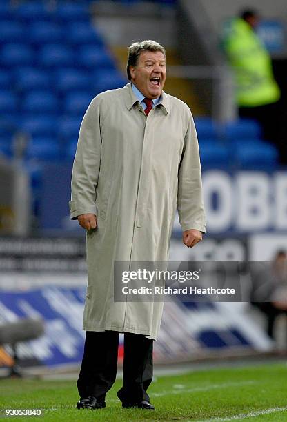 Wales Manager John Toshack shouts instructions during the International Friendly match between Wales and Scotland at the Cardiff City Stadium on...