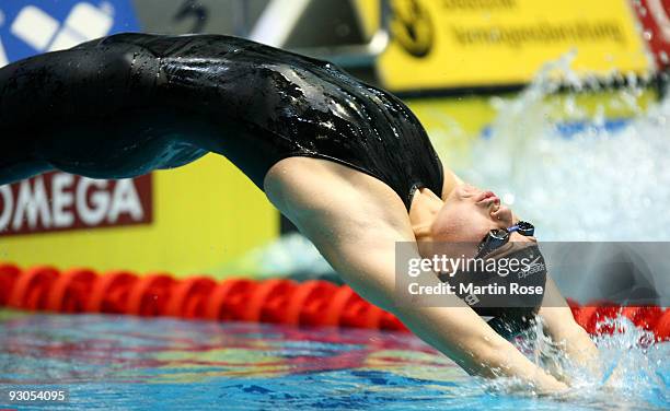 Daniela Samulski of Germany is seen in action during the women's 50m backstroke final during day one of the FINA/ARENA Swimming World Cup on November...