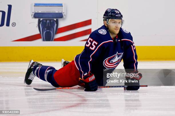 Mark Letestu of the Columbus Blue Jackets warms up prior to the start of the game against the Detroit Red Wings on March 9, 2018 at Nationwide Arena...