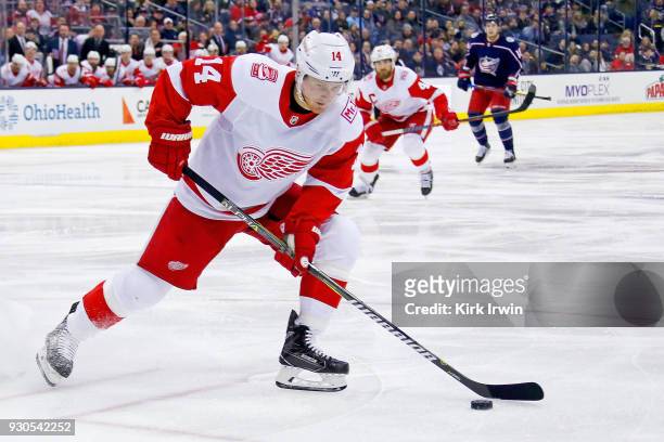 Gustav Nyquist of the Detroit Red Wings controls the puck during the game against the Columbus Blue Jackets on March 9, 2018 at Nationwide Arena in...