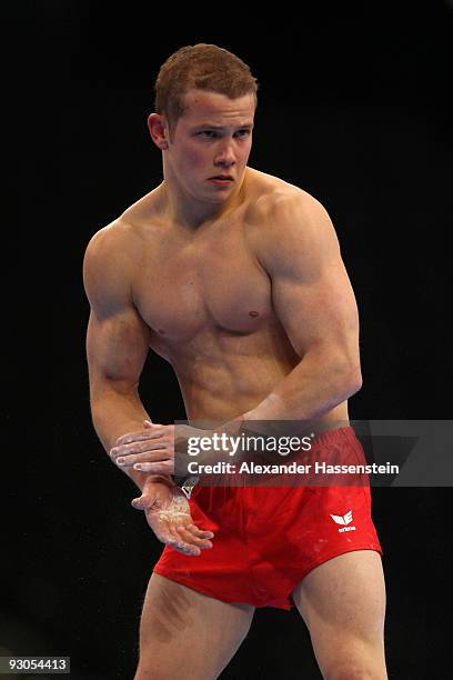 Fabian Hambuechen of Germany looks on at a training session during day one of the EnBW Gymnastics World Cup 2009 at the Porsche Arena on November 14,...