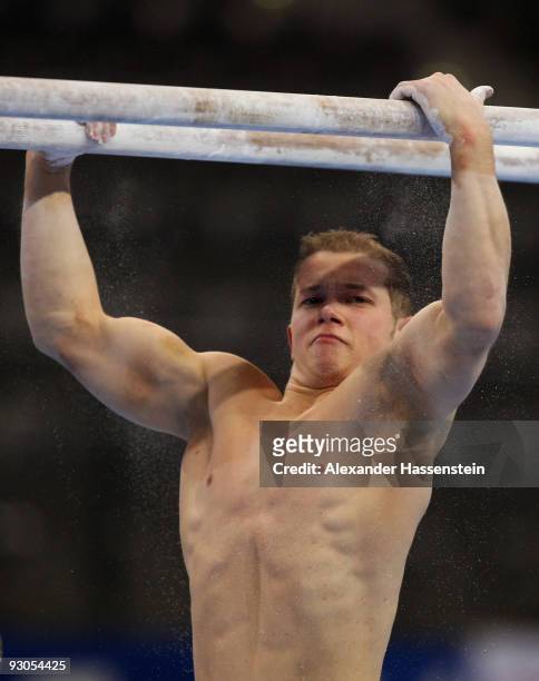 Fabian Hambuechen of Germany looks on at a training session during day one of the EnBW Gymnastics World Cup 2009 at the Porsche Arena on November 14,...