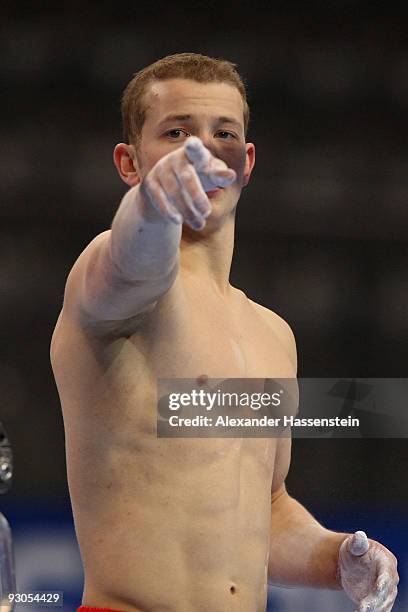 Fabian Hambuechen of Germany looks on at a training session during day one of the EnBW Gymnastics World Cup 2009 at the Porsche Arena on November 14,...