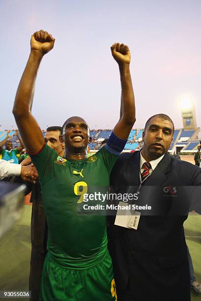 Samuel Eto'o of Cameroon celebrates his sides 2-0 victory and qualification during the Morocco v Cameroon FIFA2010 World Cup Group A qualifying match...