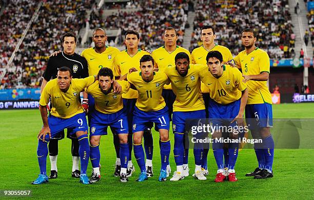 The Brazil team line up during the International Friendly match between Brazil and England at the Khalifa Stadium on November 14, 2009 in Doha, Qatar.