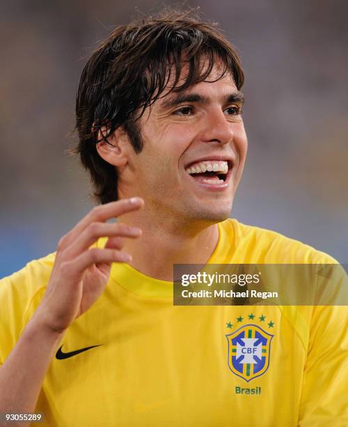 Kaka of Brazil laughs before the International Friendly match between Brazil and England at the Khalifa Stadium on November 14, 2009 in Doha, Qatar.