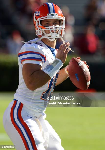 Tim Tebow of the Florida Gators warms up before the game against the South Carolina Gamecocks at Williams-Brice Stadium on November 14, 2009 in...