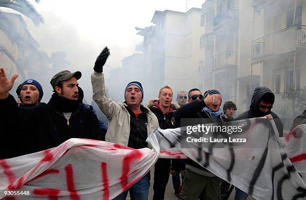 Demonstrators and supporters of AS Livorno Calcio protest outside the Stadio Armando Picchi against the use of the club's stadium to hold...