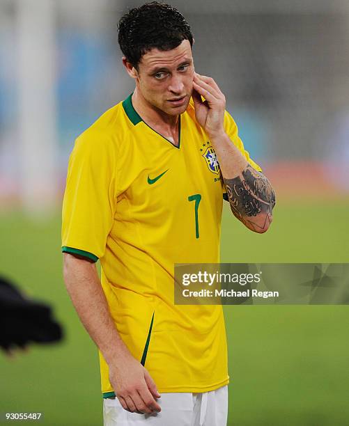 Wayne Bridge of England looks dejected after the International Friendly match between Brazil and England at the Khalifa Stadium on November 14, 2009...