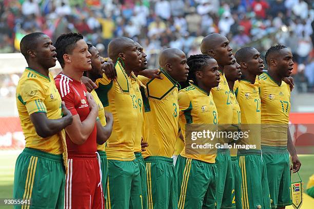 South Africa players line up before the International match between South Africa and Japan from Nelson Mandela Bay Stadium on November 14, 2009 in...
