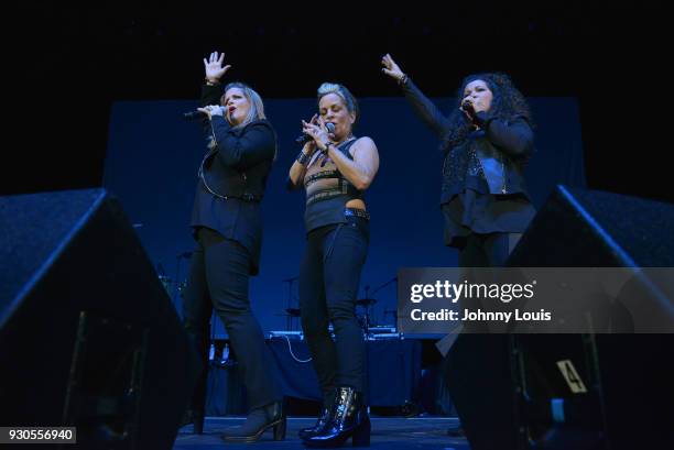 Ann Curless, Gioia Bruno and Jeanette Jurado of Expose perform during the Freestyle concert at Watsco Center on March 10, 2018 in Coral Gables,...