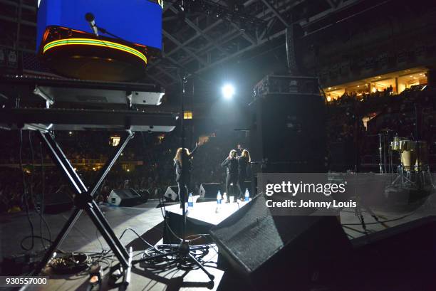 Ann Curless, Gioia Bruno and Jeanette Jurado of Expose perform during the Freestyle concert at Watsco Center on March 10, 2018 in Coral Gables,...