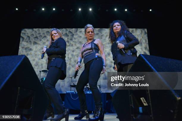 Ann Curless, Gioia Bruno and Jeanette Jurado of Expose perform during the Freestyle concert at Watsco Center on March 10, 2018 in Coral Gables,...