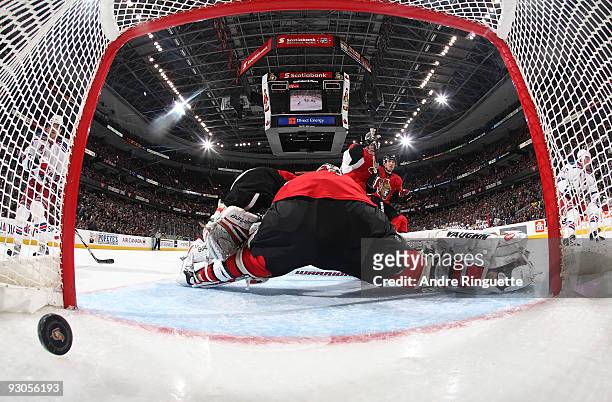The puck hits the back of the net behind Brian Elliott of the Ottawa Senators for a shorthanded goal by Vaclav Prospal the New York Rangers at...