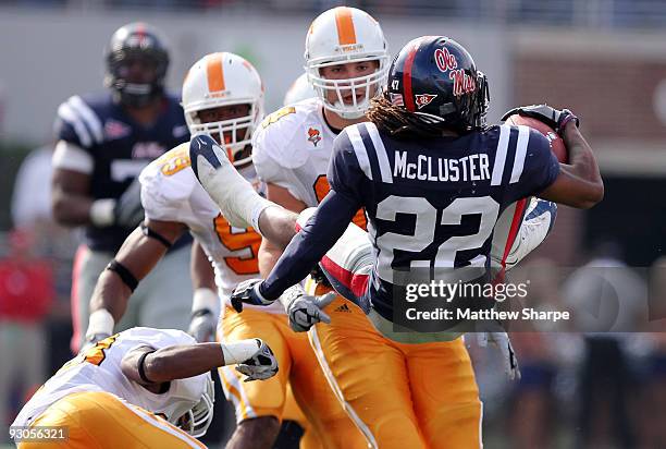 Dexter McCluster of the Ole Miss Rebels gets flipped during a run against the Tennessee Volunteers at Vaught-Hemingway Stadium on November 14, 2009...