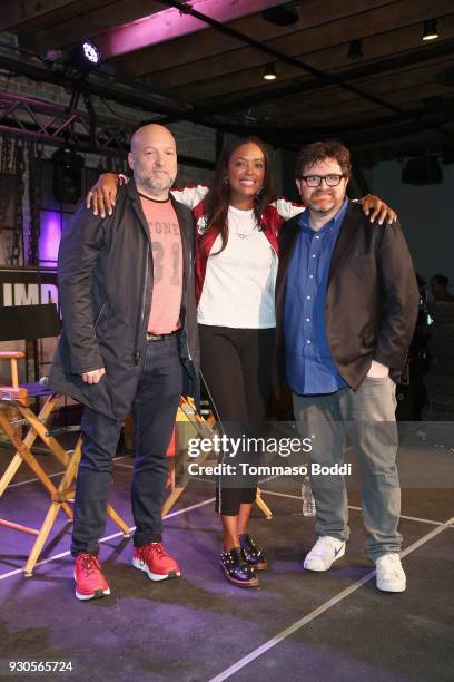 Zak Penn, Aisha Tyler and Ernest Cline pose for a photo onstage during Ready Player One LIVE at SXSW, Powered by Twitch and IMDb on March 11, 2018 in...