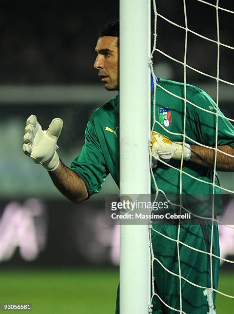 Gianluigi Buffon of Italy gestures during the international friendly match between Italy and Holland at Adriatico Stadium on November 14, 2009 in...